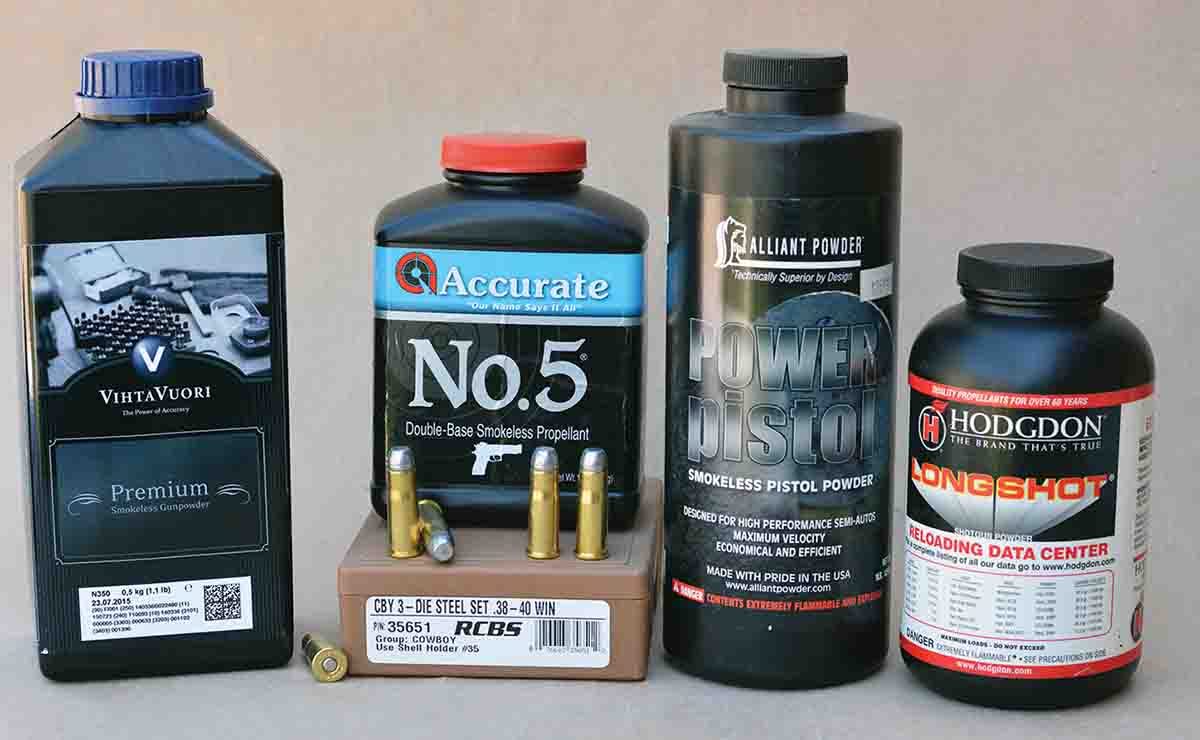 When using +P-style .38-40 Winchester loads, handgun powders with a medium burn rate will give desired results.